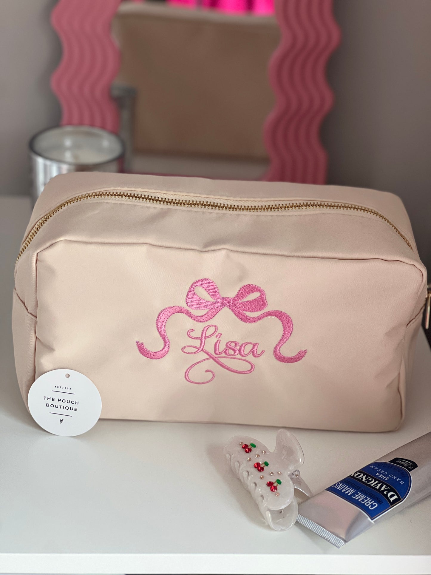 Embroidered Small Pouch with name and bow