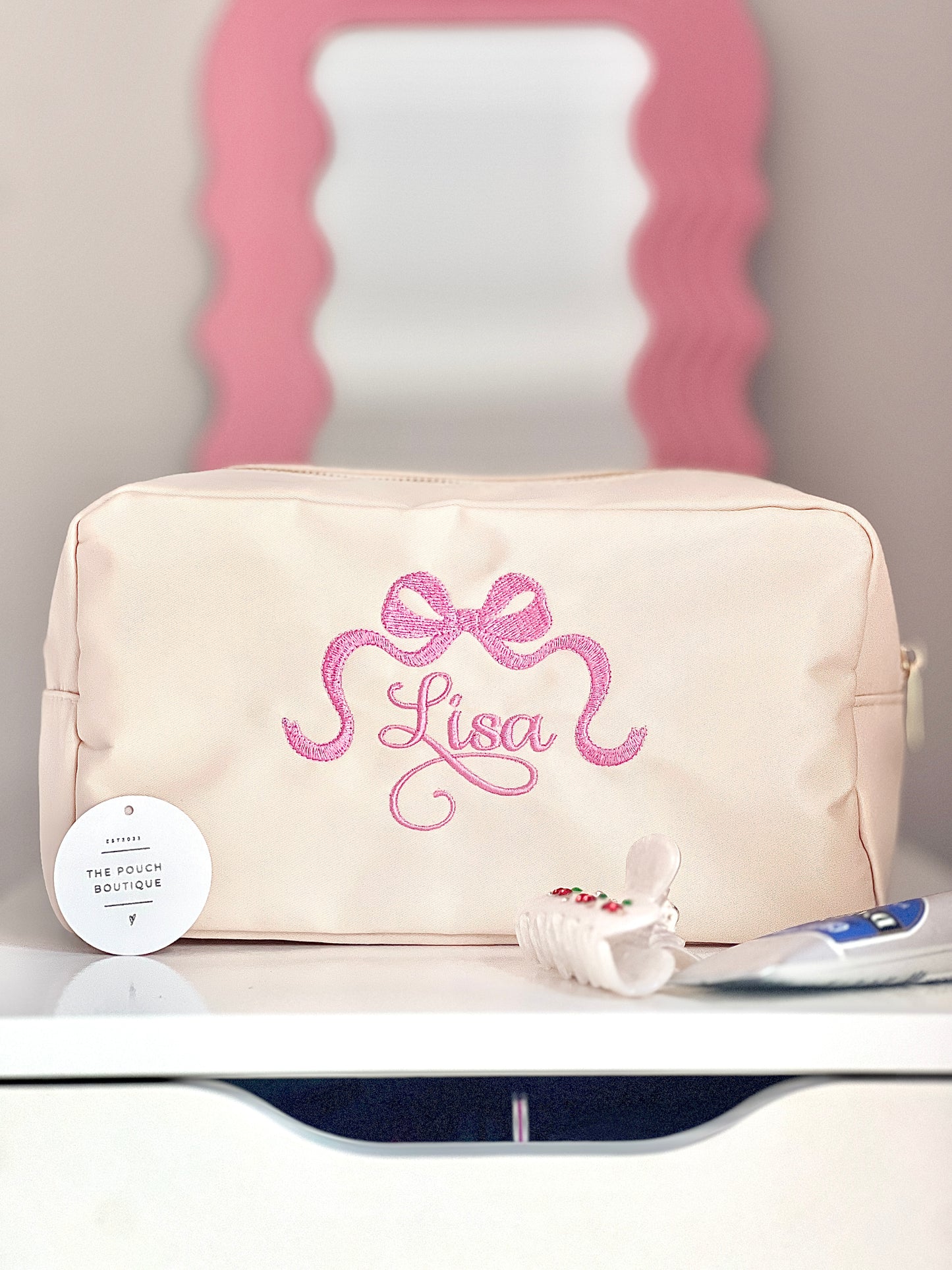Embroidered Small Pouch with name and bow