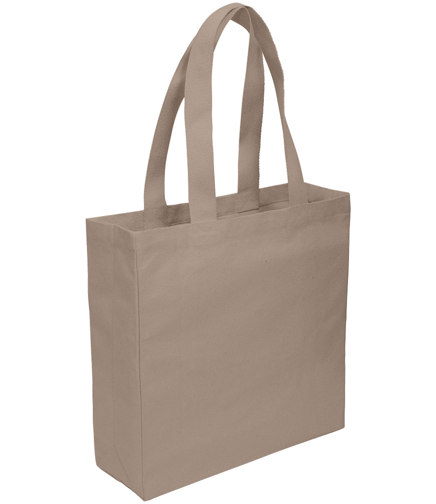 Personalised square canvas tote bag with internal pockets.