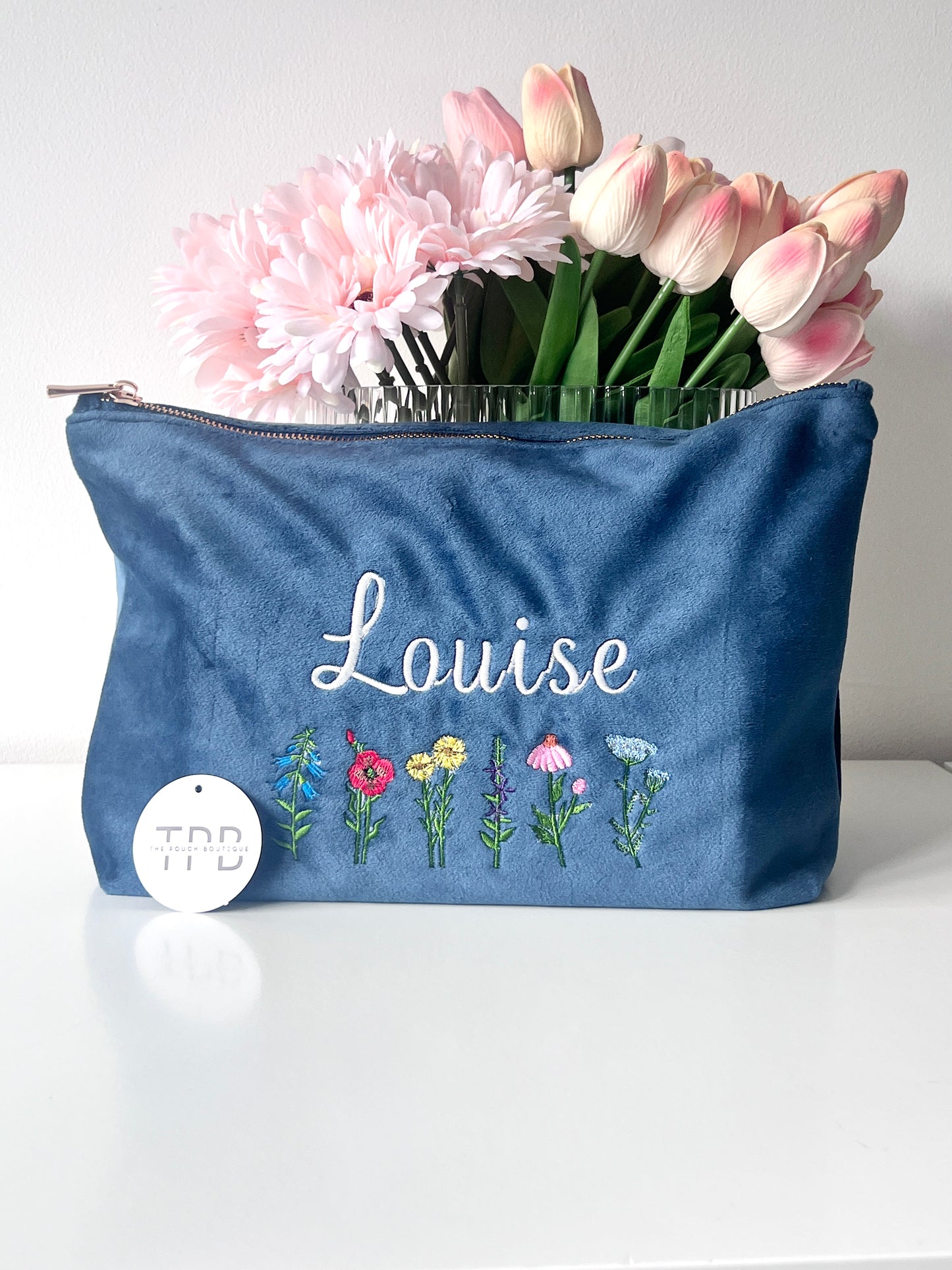 Luxe velvet Embroidered wildflower Pouch with personalised name