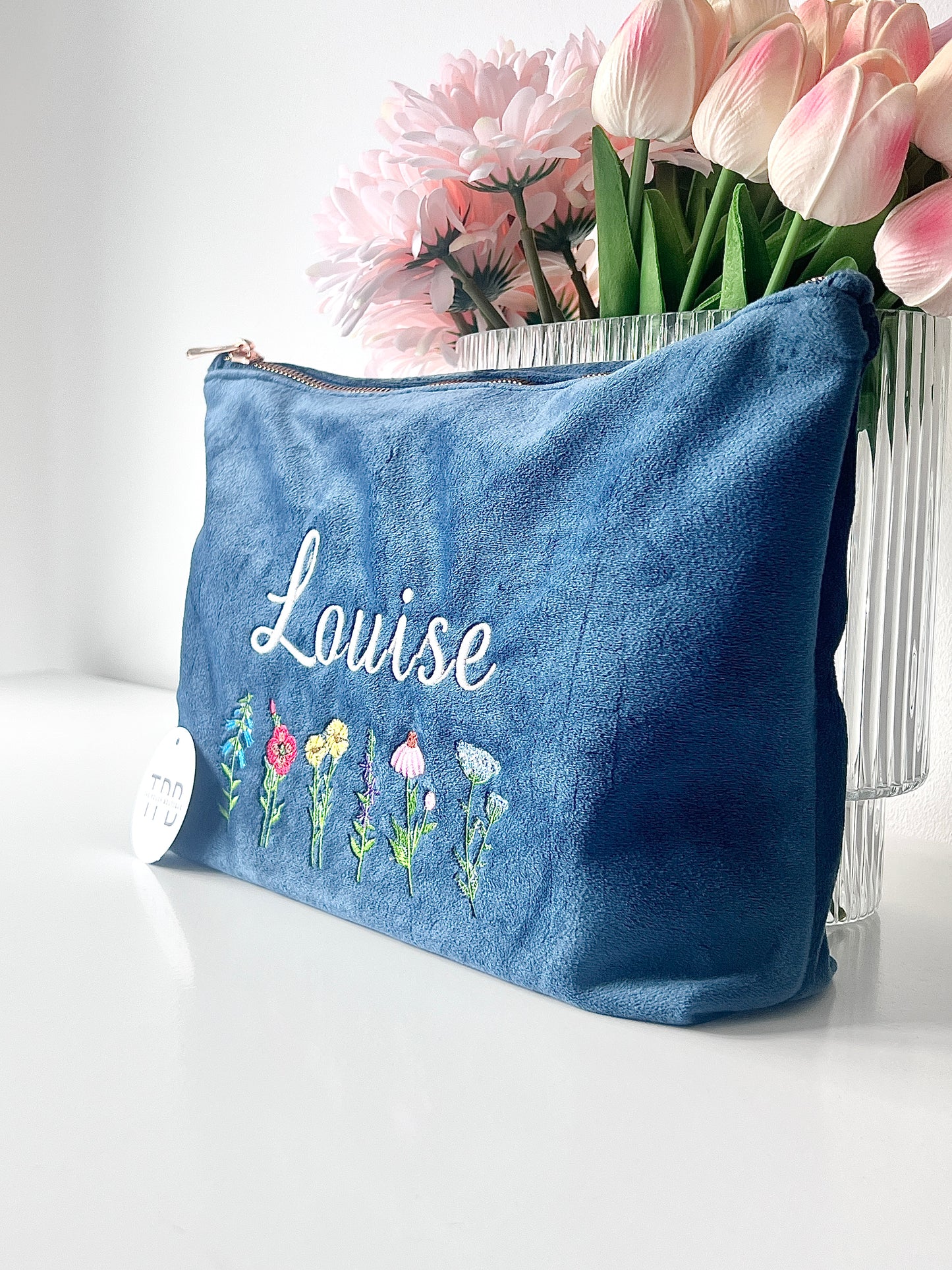 Luxe velvet Embroidered wildflower Pouch with personalised name