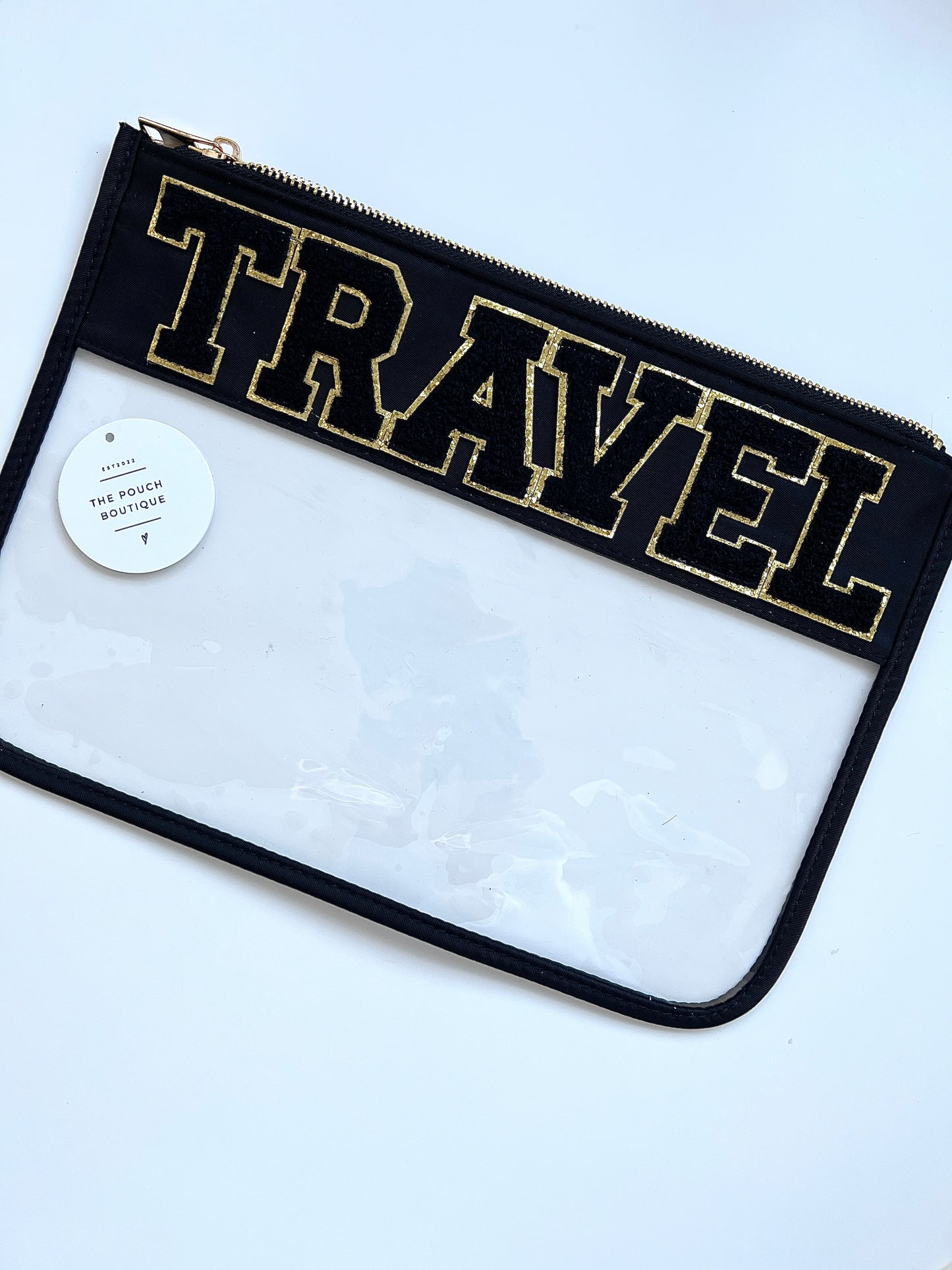 Clear/transparent pouch with patch letters & motifs