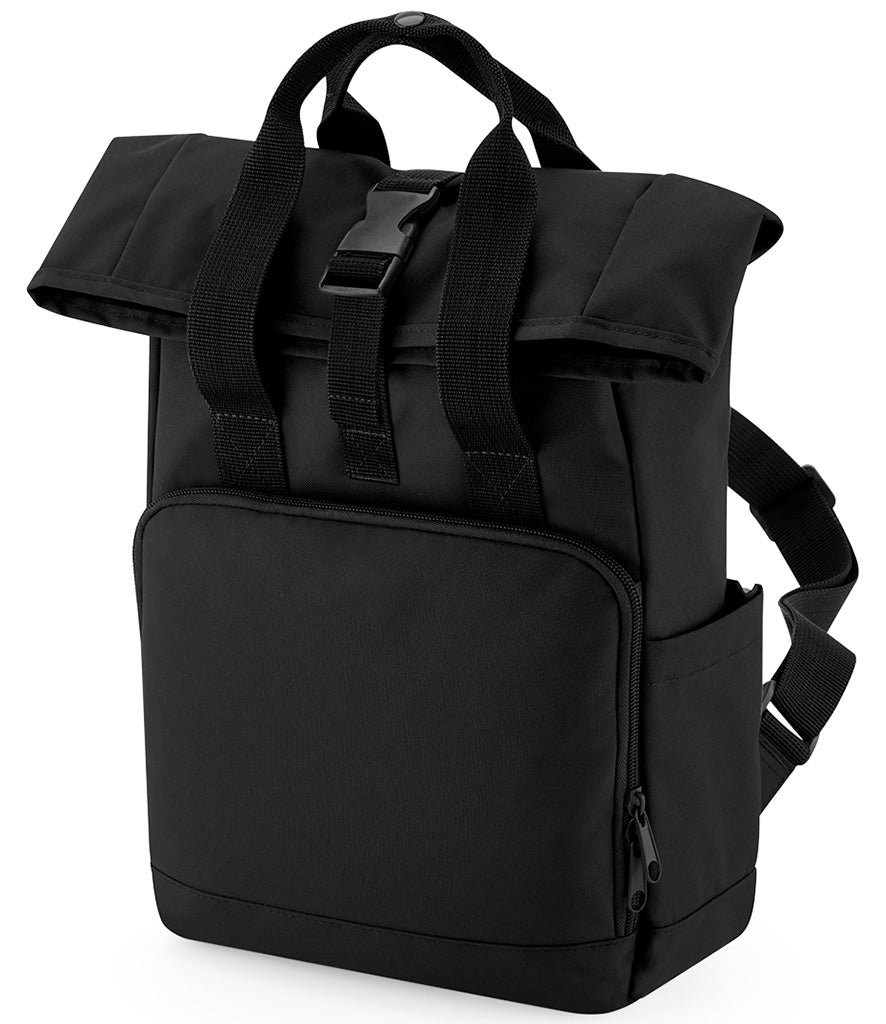 Personalised patch or embroidery recycled mini twin handle roll top backpack.