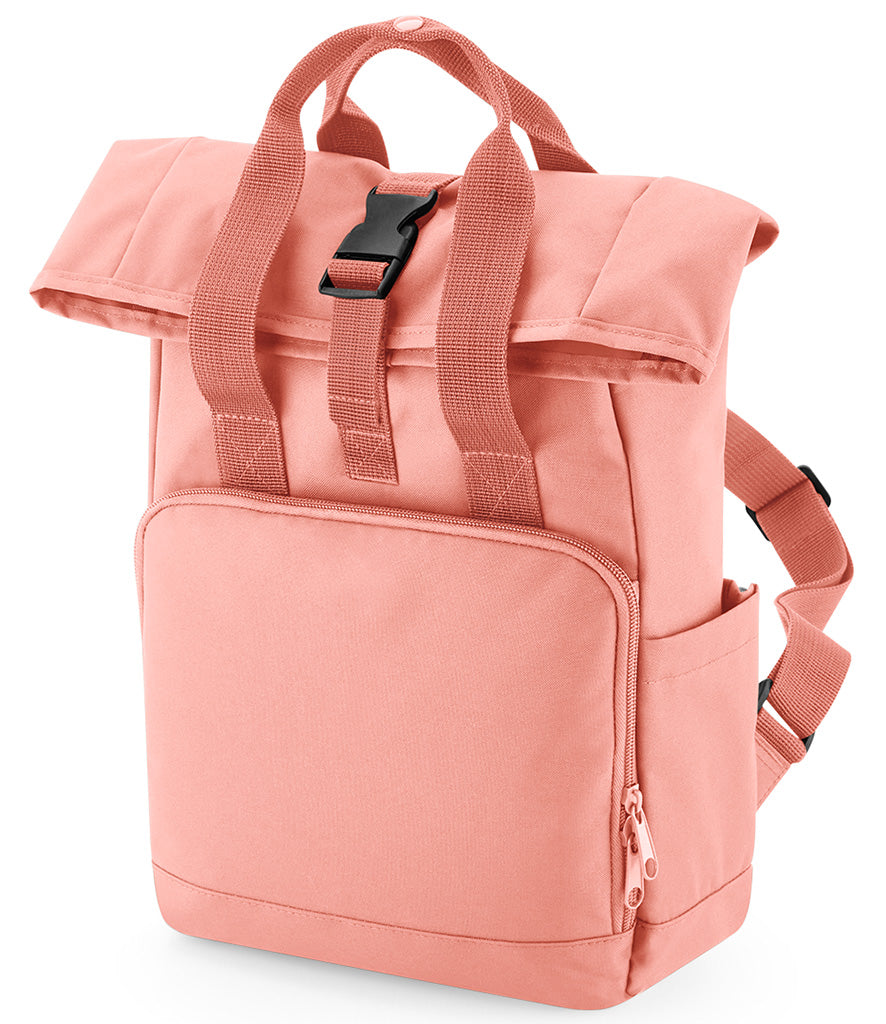 Personalised patch or embroidery recycled mini twin handle roll top backpack.