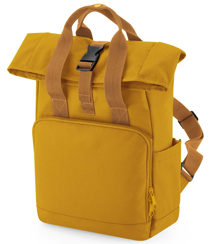 Personalised patch or embroidery recycled mini twin handle roll top backpack.