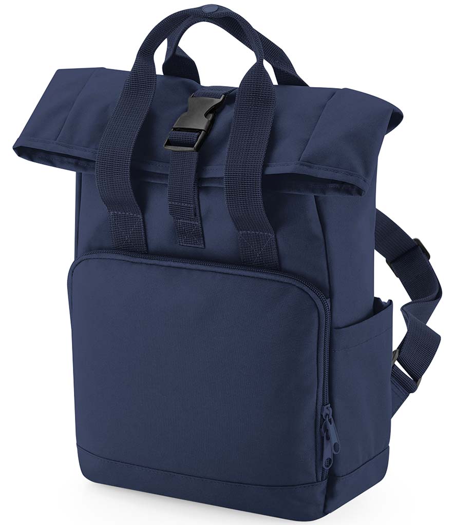 Personalised patch or embroidery recycled mini twin handle roll top backpack.