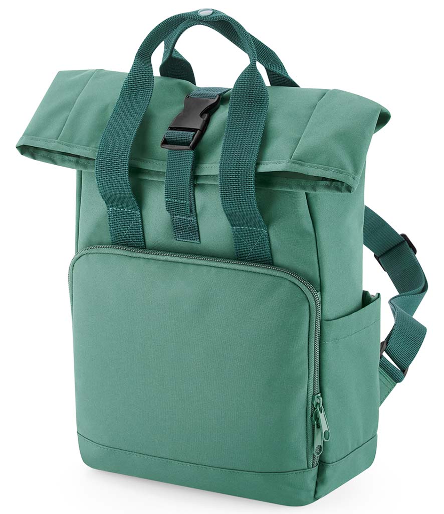 Personalised patch or embroidery recycled mini twin handle roll top backpack.