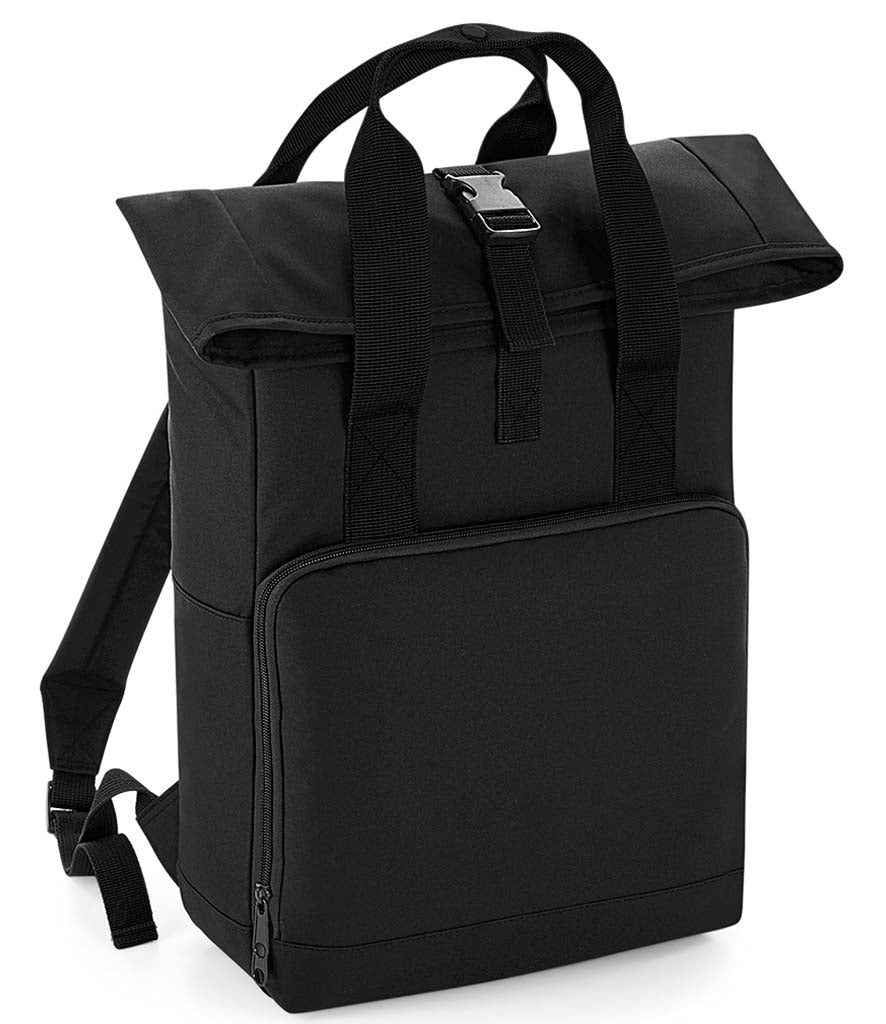 Personalised patch or embroidery recycled twin handle roll top backpack.