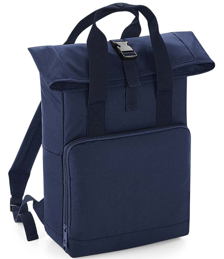 Personalised patch or embroidery recycled mini twin handle roll top backpack.