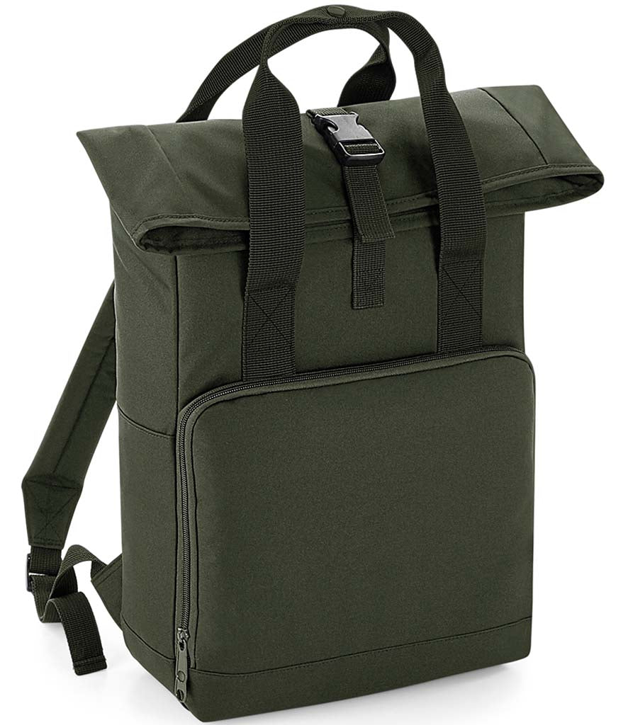 Personalised patch or embroidery recycled twin handle roll top backpack.