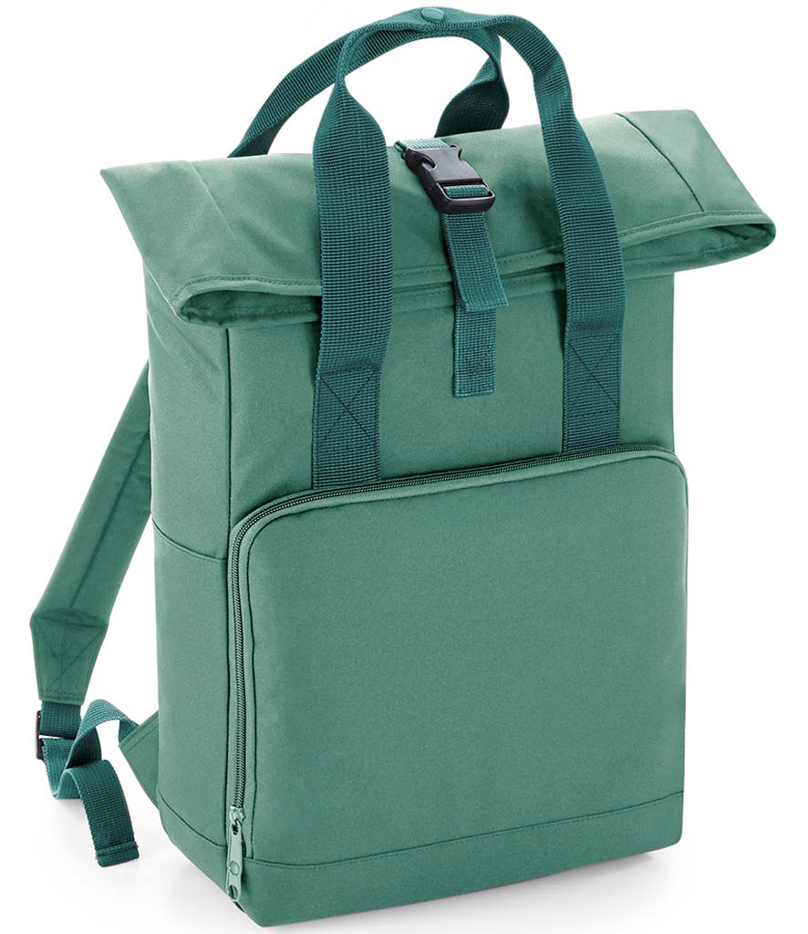 Personalised patch or embroidery recycled twin handle roll top backpack.