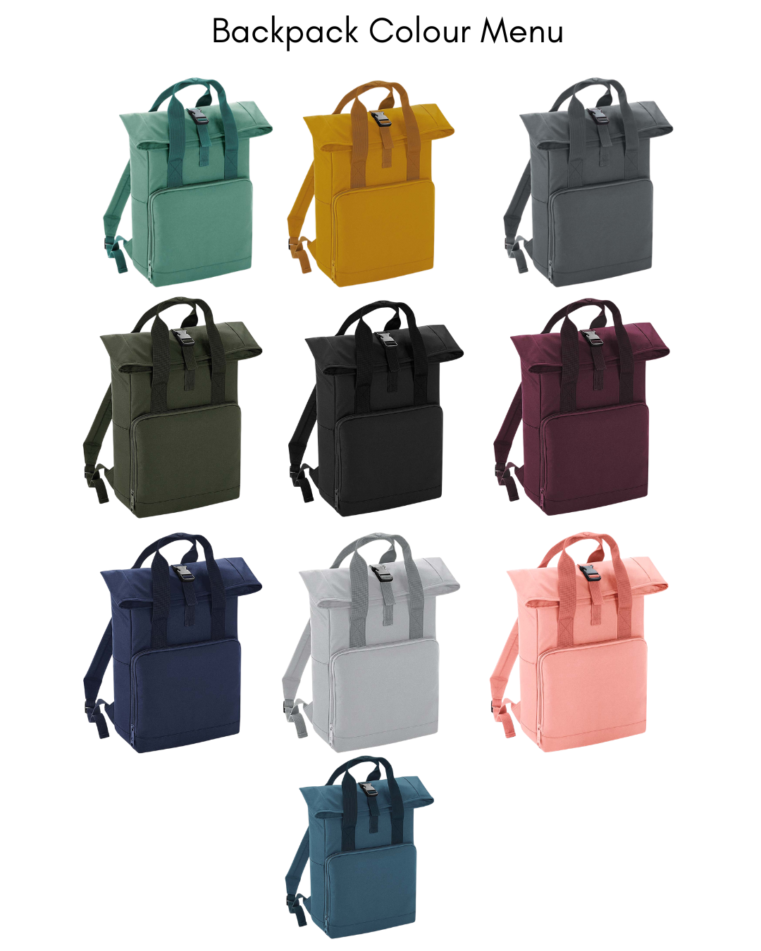 Personalised patch or embroidery recycled mini twin handle roll top backpack.