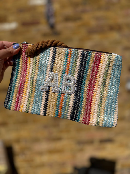 Rope handle straw clutch bag