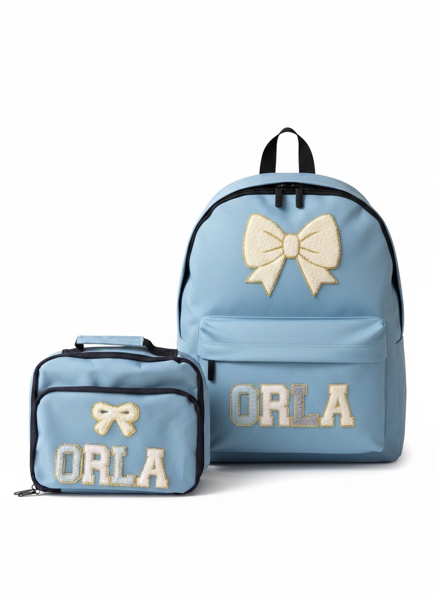 Lunchbox and backpack bundle with patches in Navy