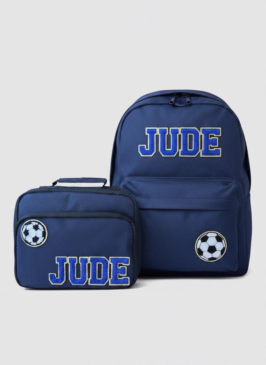 Lunchbox and backpack bundle with patches in Navy