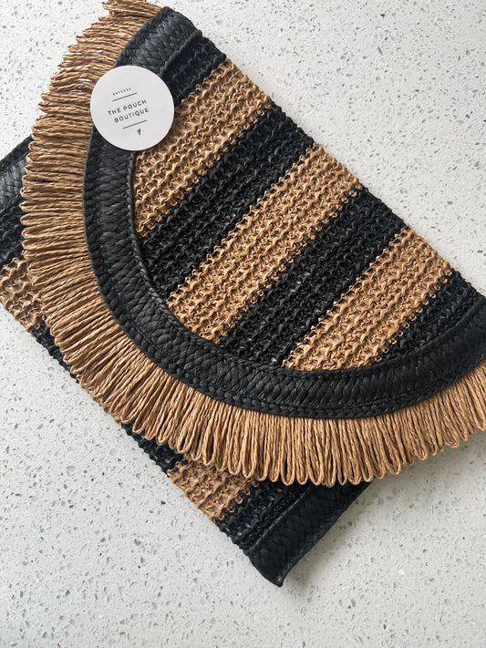 Black n tan tassel straw clutch bag