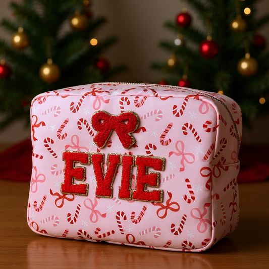 Personalised large Christmas Candy Cane Patch Pouch With Patches Sewn On