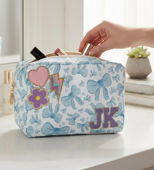 Personalised Large Blue Bow Patch Pouch with Patches Sewn on
