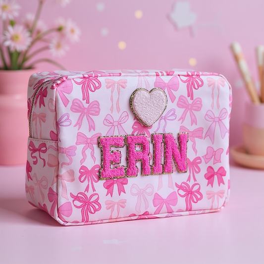 Personalised Large Pink Bow patch Pouch with Patches Sewn on