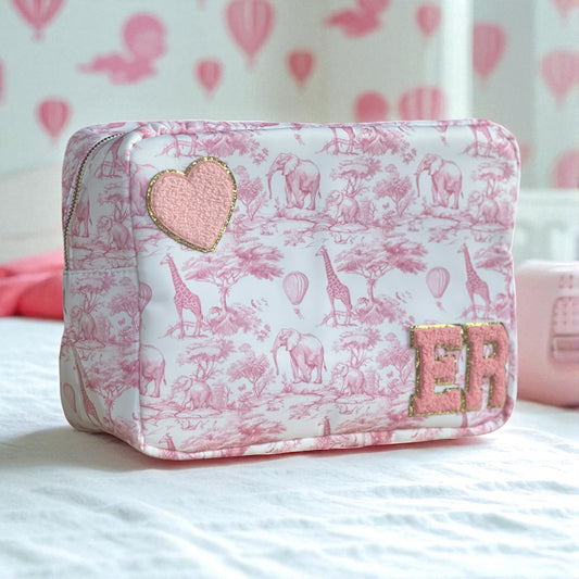 Personalised Large Pink Safari Patch Pouch with Patches Sewn on