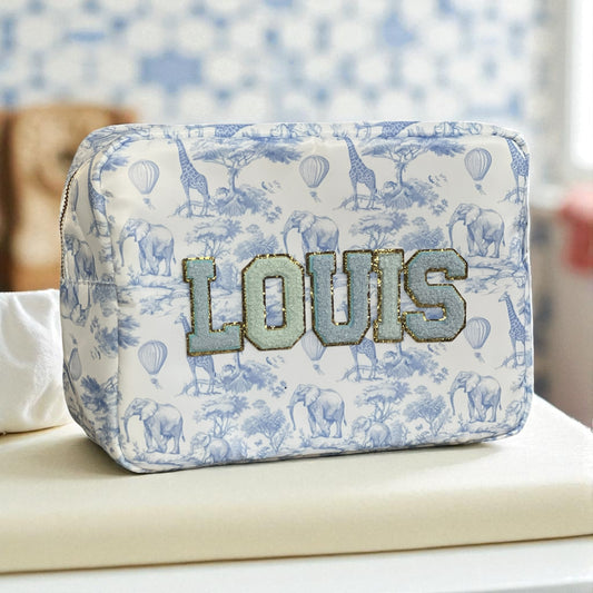 Personalised Large Blue Safari Patch Pouch with Patches Sewn on