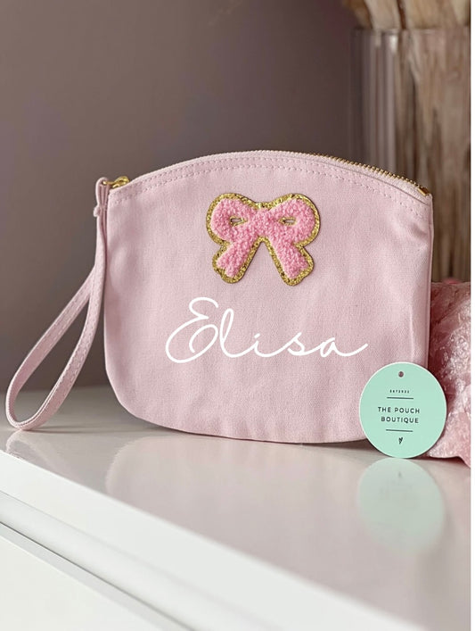 Personalised wristlet zipper coin purse with a bow